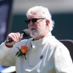 FILE - Broadcaster Mike Krukow speaks during a remembrance ceremony for former San Francisco Giants player Orlando Cepeda before a baseball game between the Giants and the San Diego Padres in San Francisco, Sept. 15, 2024. (AP Photo/Jeff Chiu, File)