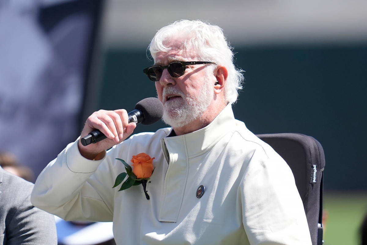 FILE - Broadcaster Mike Krukow speaks during a remembrance ceremony for former San Francisco Giants player Orlando Cepeda before a baseball game between the Giants and the San Diego Padres in San Francisco, Sept. 15, 2024. (AP Photo/Jeff Chiu, File)