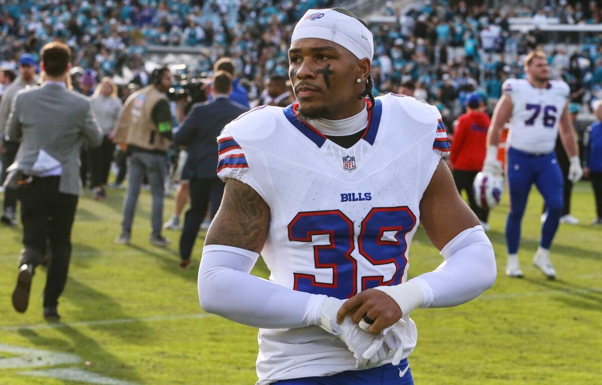 FILE - Buffalo Bills cornerback Cam Lewis (39) leaves the field after defeating the Jacksonville Jaguars in an NFL wild card playoff football game, Jan. 11, 2026, in Jacksonville, Fla. (AP Photo/Gary McCullough, File)