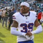 FILE - Buffalo Bills cornerback Cam Lewis (39) leaves the field after defeating the Jacksonville Jaguars in an NFL wild card playoff football game, Jan. 11, 2026, in Jacksonville, Fla. (AP Photo/Gary McCullough, File)