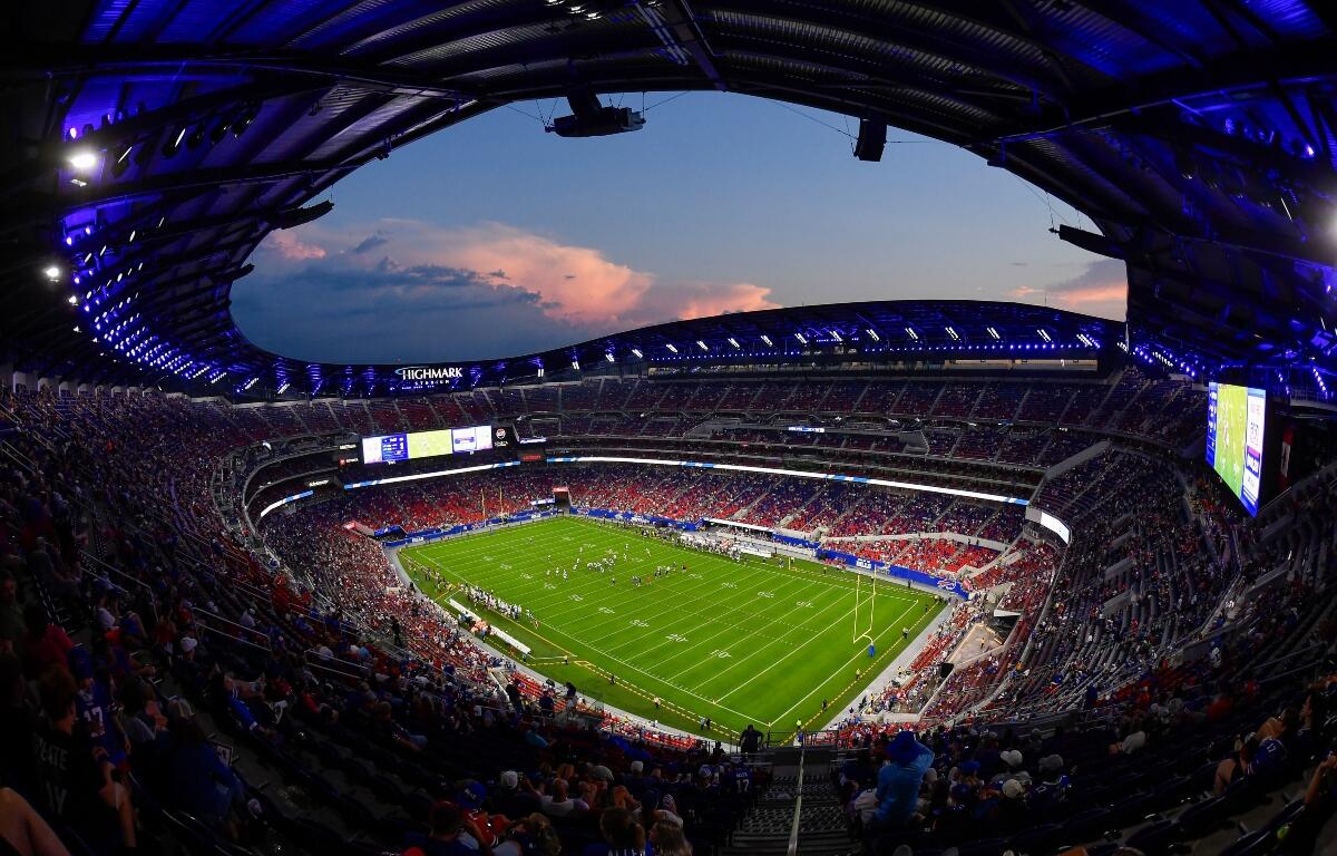 Overall view of Highmark Stadium during Buffalo Bills practice at the team's NFL football training camp Saturday, Aug. 8, 2026, in Orchard Park, N.Y. (AP Photo/Adrian Kraus)