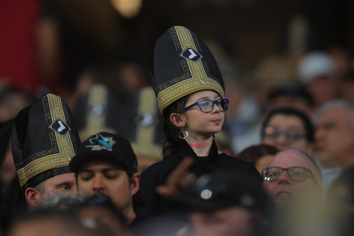 A fan wears a promotional pope hat during a baseball game between the Cincinnati Reds and Chicago White Sox, Tuesday, Aug. 11, 2026, in Chicago. (AP Photo/Melissa Tamez)