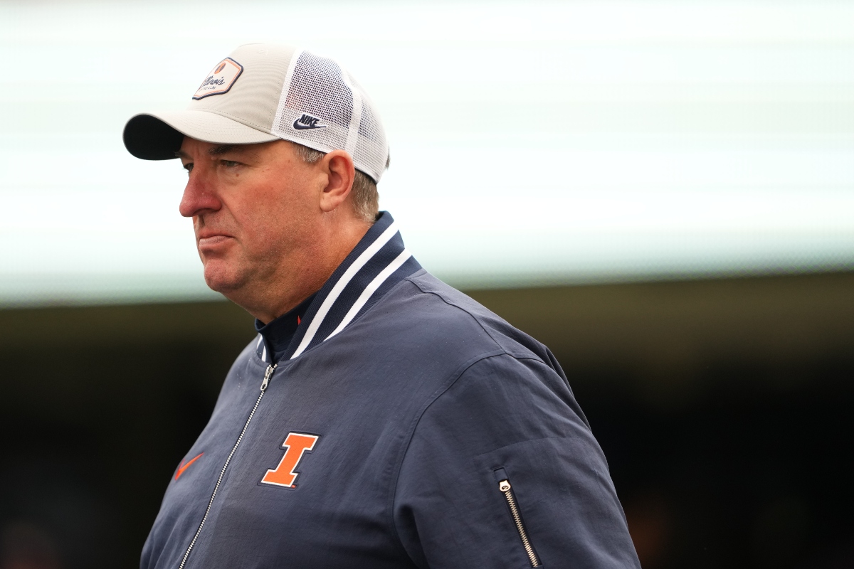 FILE - Illinois head coach Bret Bielema looks on before an NCAA college football game against Washington, Oct. 25, 2025, in Seattle. (AP Photo/Lindsey Wasson, File)