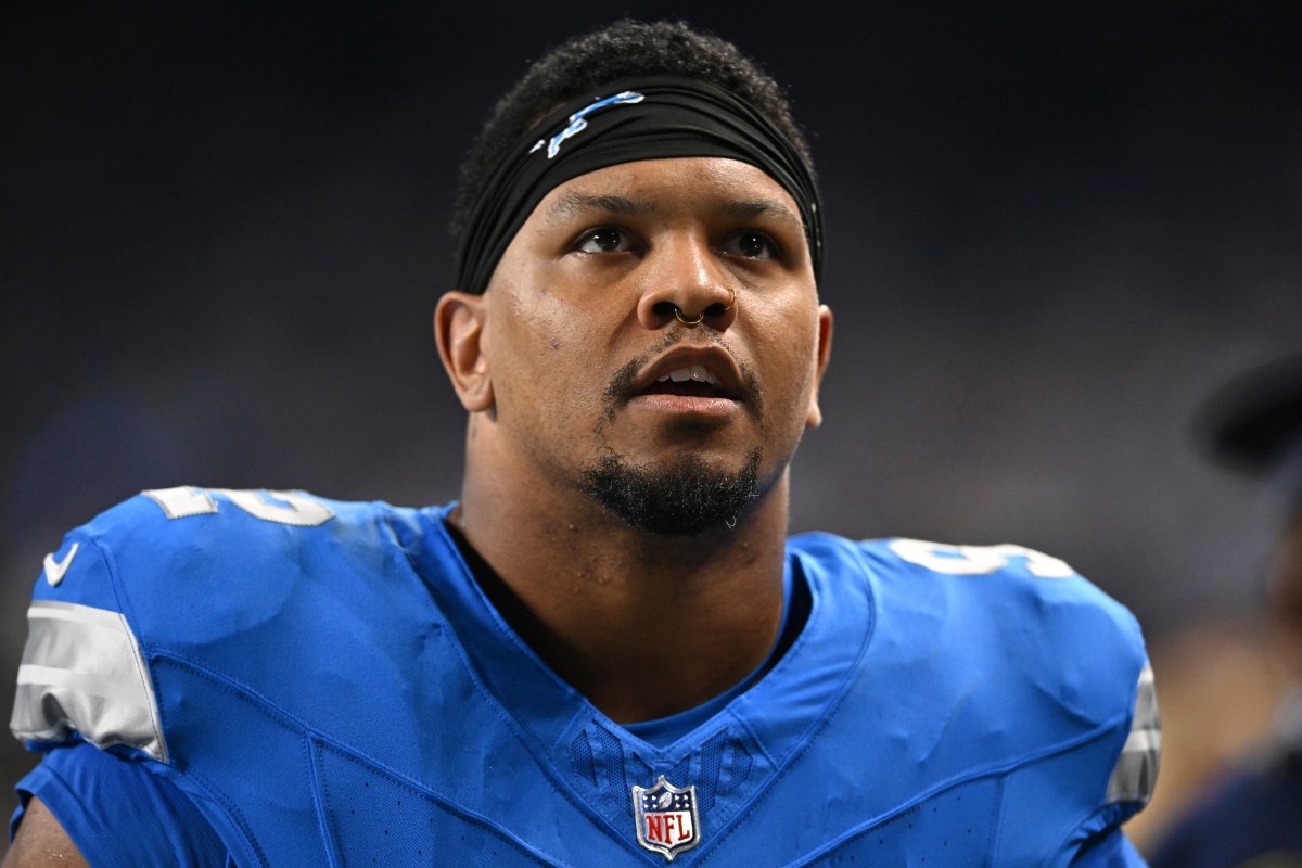 FILE - Detroit Lions defensive end Marcus Davenport walks to the locker room before an NFL football game against the Los Angeles Rams, Sept. 8, 2024, in Detroit. (AP Photo/David Dermer, File)