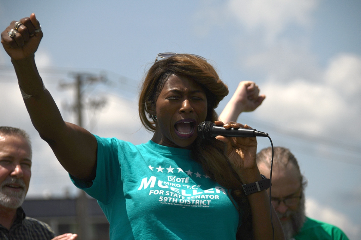 Tamiko Mueller, a Democrat running for Illinois' 59th District state Senate seat, joined workers, families and supporters in Anna on Tuesday to rally against the state's planned downsizing of Choate Mental Health and Developmental Center. (Jackson Brandhorst/Saluki Local Reporting Lab)