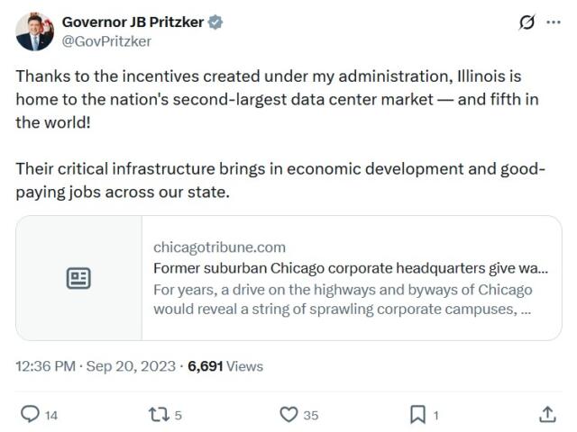 Gov. JB Pritzker’s post from September 2023 speaks favorably about data centers.