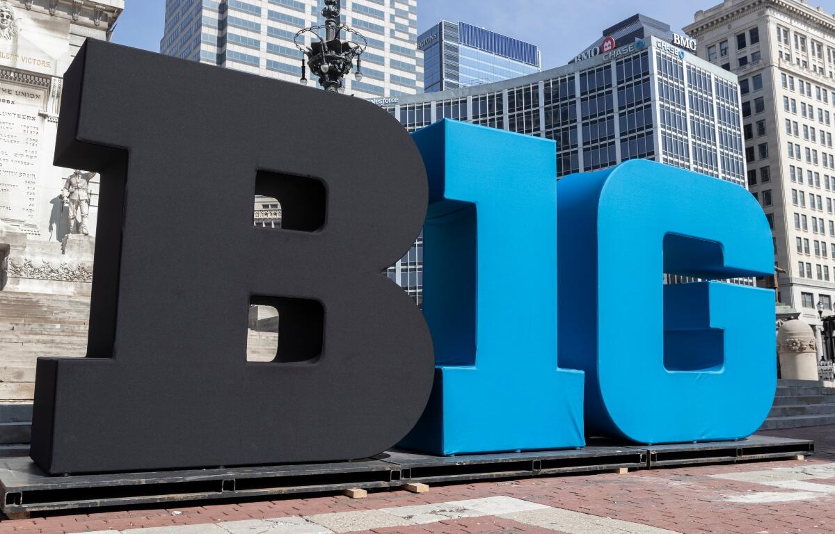 Indianapolis - Circa March 2022: Big Ten Conference logo also stylized as the Big 10 or B1G in downtown for the NCAA basketball tournament.