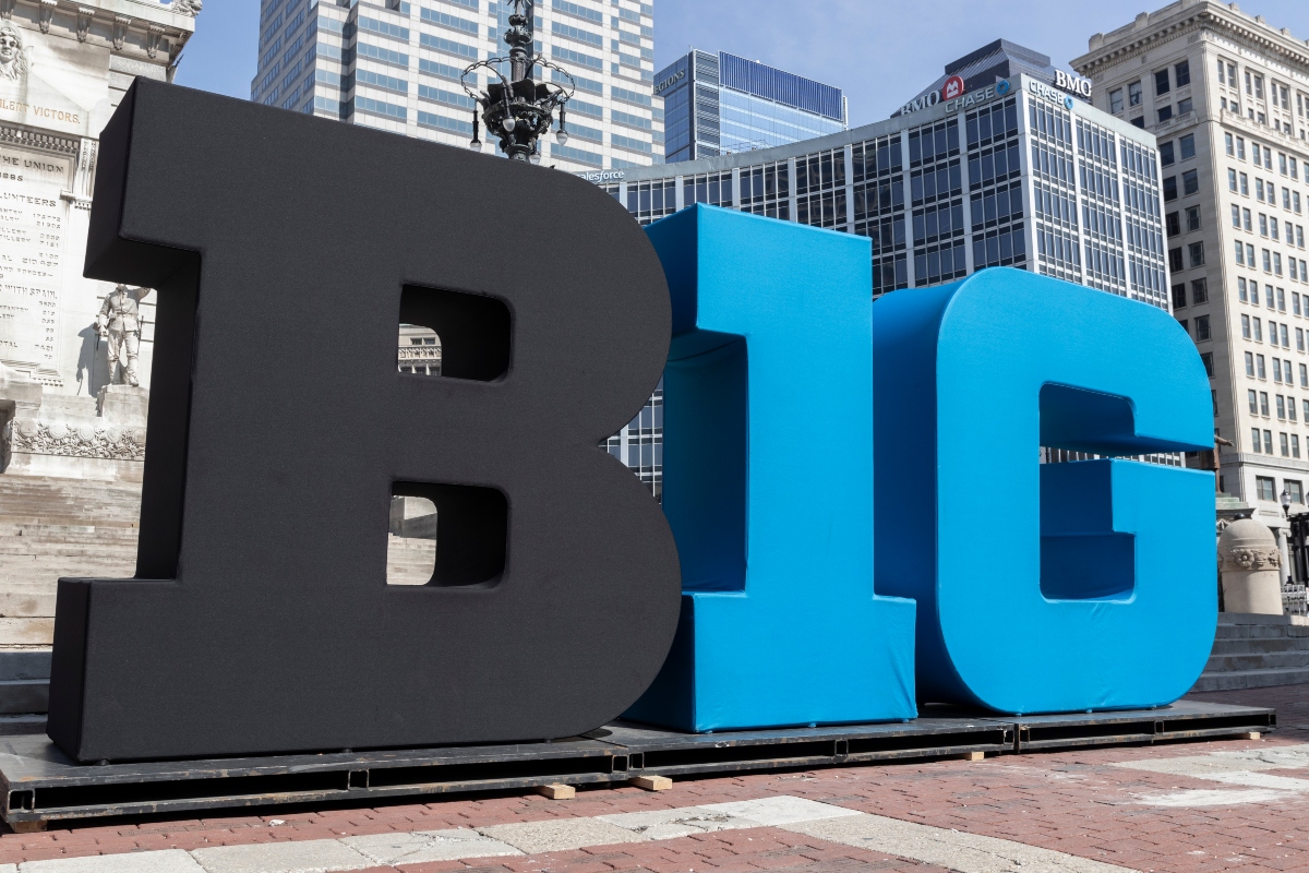 Indianapolis - Circa March 2022: Big Ten Conference logo also stylized as the Big 10 or B1G in downtown for the NCAA basketball tournament.
