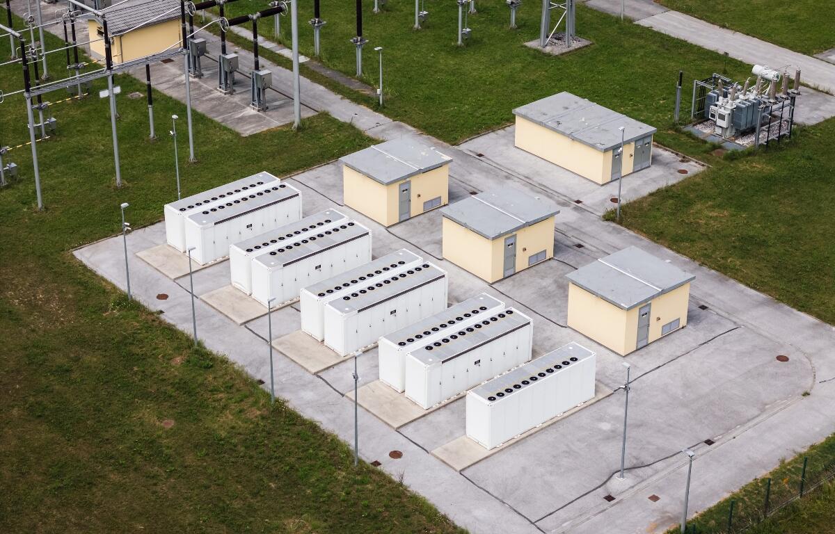 FILE - Drone view shows battery energy storage system BESS with multiple units at power facility.