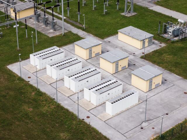 FILE - Drone view shows battery energy storage system BESS with multiple units at power facility.