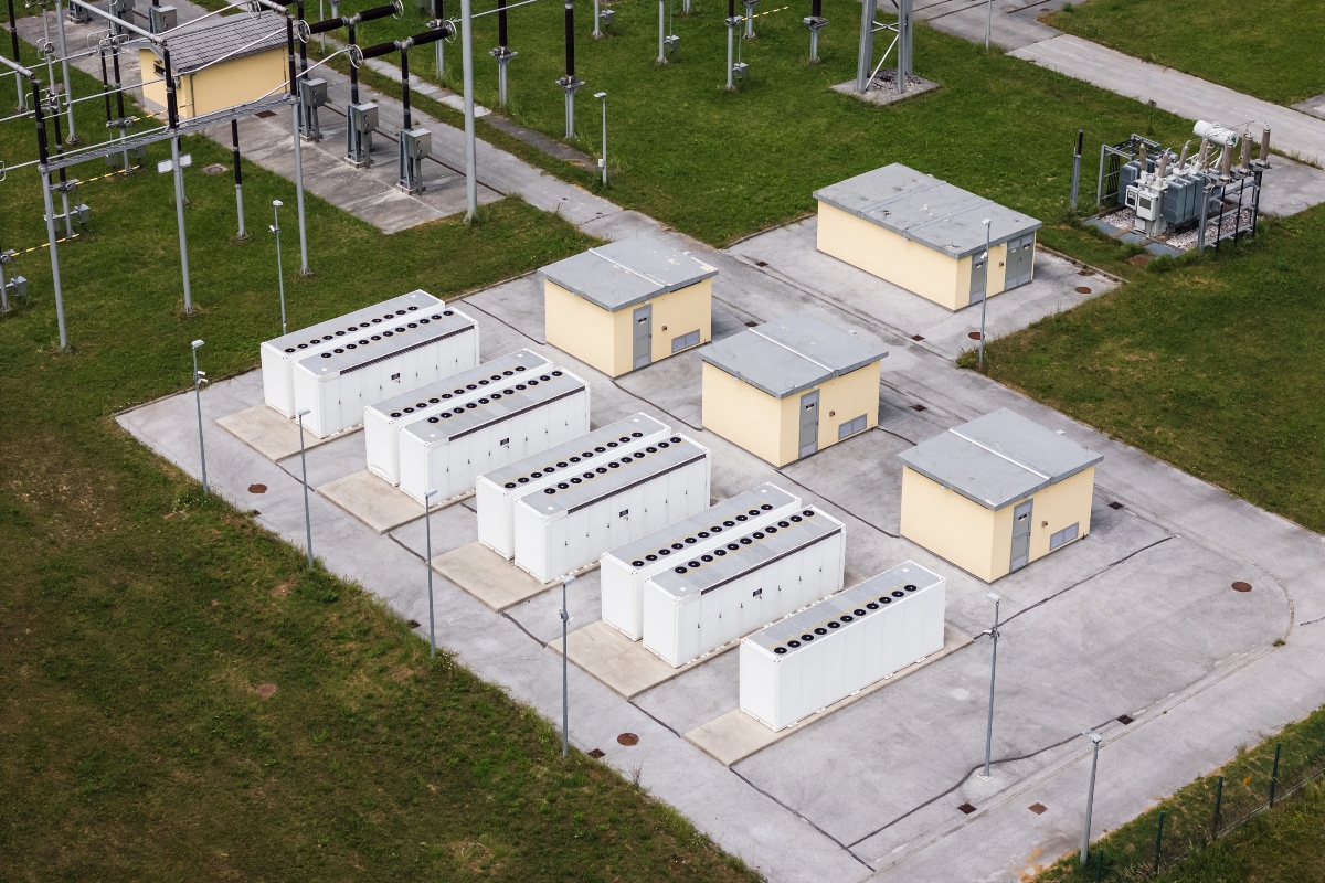 FILE - Drone view shows battery energy storage system BESS with multiple units at power facility.