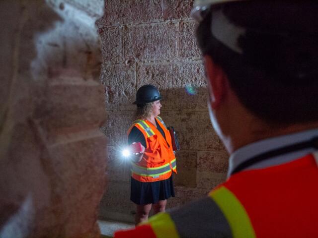 Illinois Architect of the Capitol Andrea Aggertt guides a tour of north wing renovations in 2023. (Capitol News Illinois file photo)
