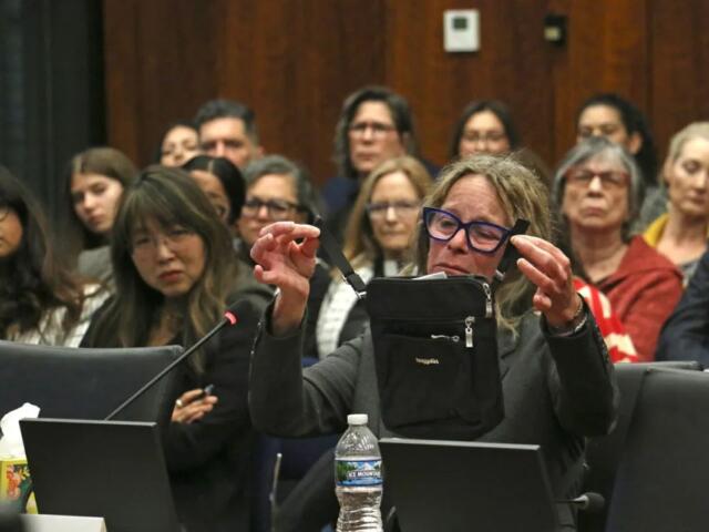 At an April 27, 2026, hearing of the Illinois Accountability Commission, Evanston resident Jennifer Moriarty holds up her purse that was slashed by a Border Patrol agent when she was detained without cause last fall after attempting to film a Halloween car crash caused by federal agents. She was held for around five hours before being released without charges. (Capitol News Illinois file photo by Maggie Dougherty)