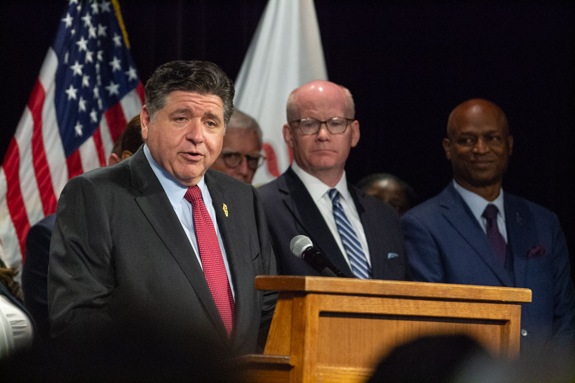 Gov. JB Pritzker speaks at an event at the Illinois Governor’s Mansion in Springfield on Aug. 11, 2026. (Capitol News Illinois photo by Jerry Nowicki)