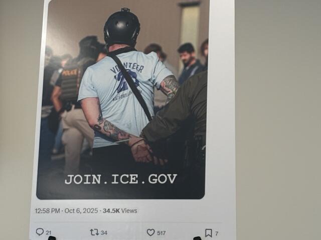 A poster displays a Department of Homeland Security recruiting post that displays an image of Harvard data scientist Kyle Frankovich with his arms zip-tied behind his back. (Capitol News Illinois photo by Maggie Dougherty)