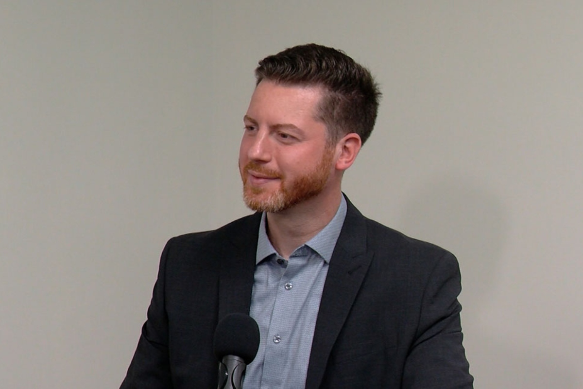 Collin Corbett, independent candidate for governor, sits for an interview in the Capitol News Illinois recording studio. (Capitol News Illinois photo by Andrew Campbell)
