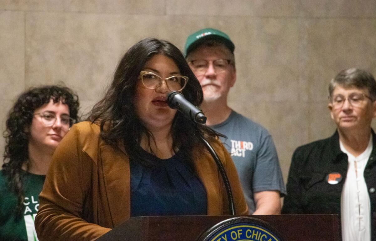 Sen. Graciela Guzmán, D-Chicago, speaks at a Sept. 29, 2026, news conference at Chicago City Hall. (Capitol News Illinois photo by Maggie Dougherty)