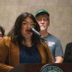 Sen. Graciela Guzmán, D-Chicago, speaks at a Sept. 29, 2026, news conference at Chicago City Hall. (Capitol News Illinois photo by Maggie Dougherty)