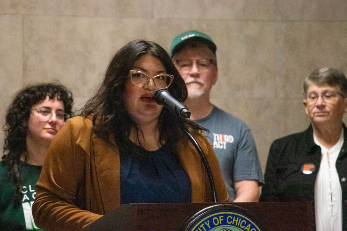 Sen. Graciela Guzmán, D-Chicago, speaks at a Sept. 29, 2026, news conference at Chicago City Hall. (Capitol News Illinois photo by Maggie Dougherty)