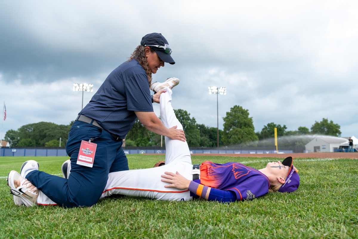 Athelitic training faculty and students working on athletes from the Women's Professional Baseball League (WPBL) before their game on Wednesday, August 19, 2026.