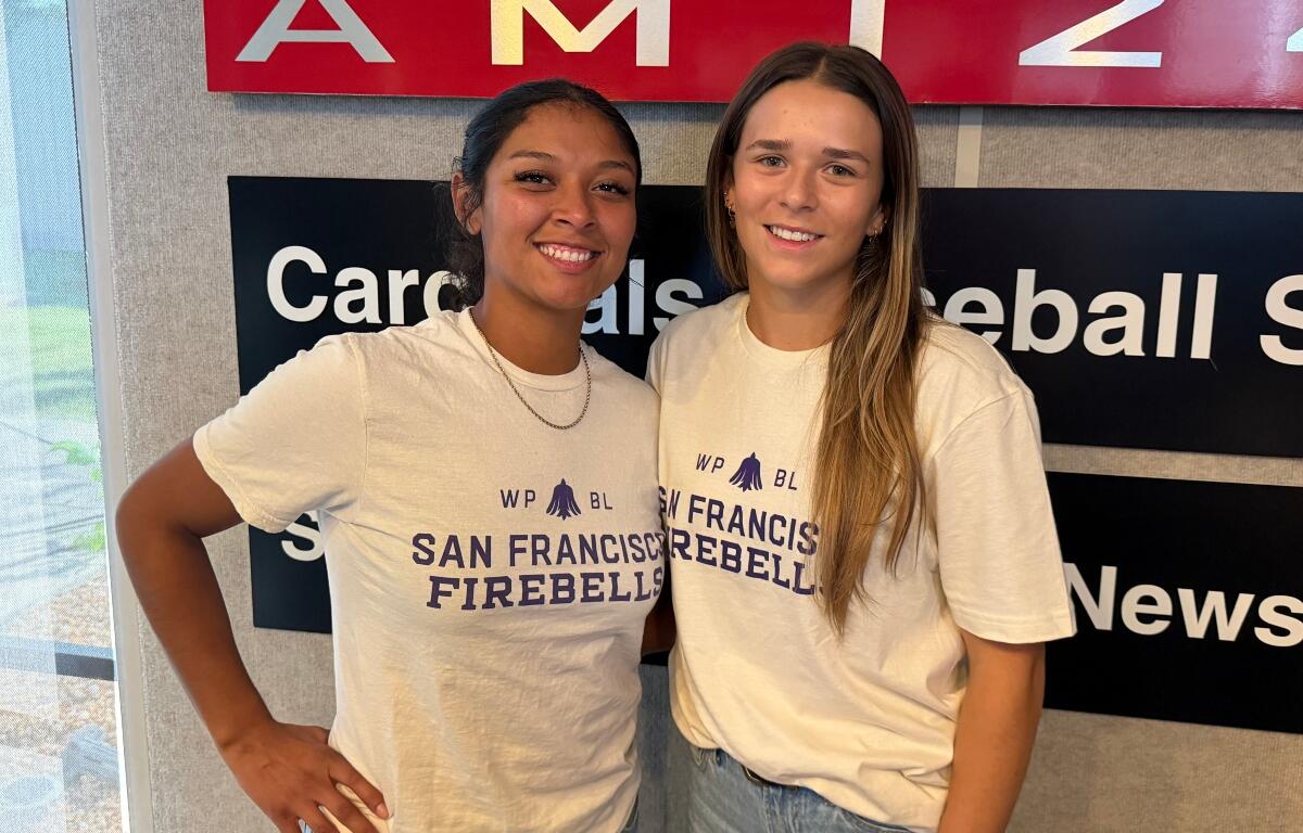 Samantha Gutierrez (left), and Ela Day Bedard, players on the Women's Professional Baseball League's San Francisco Firebells.