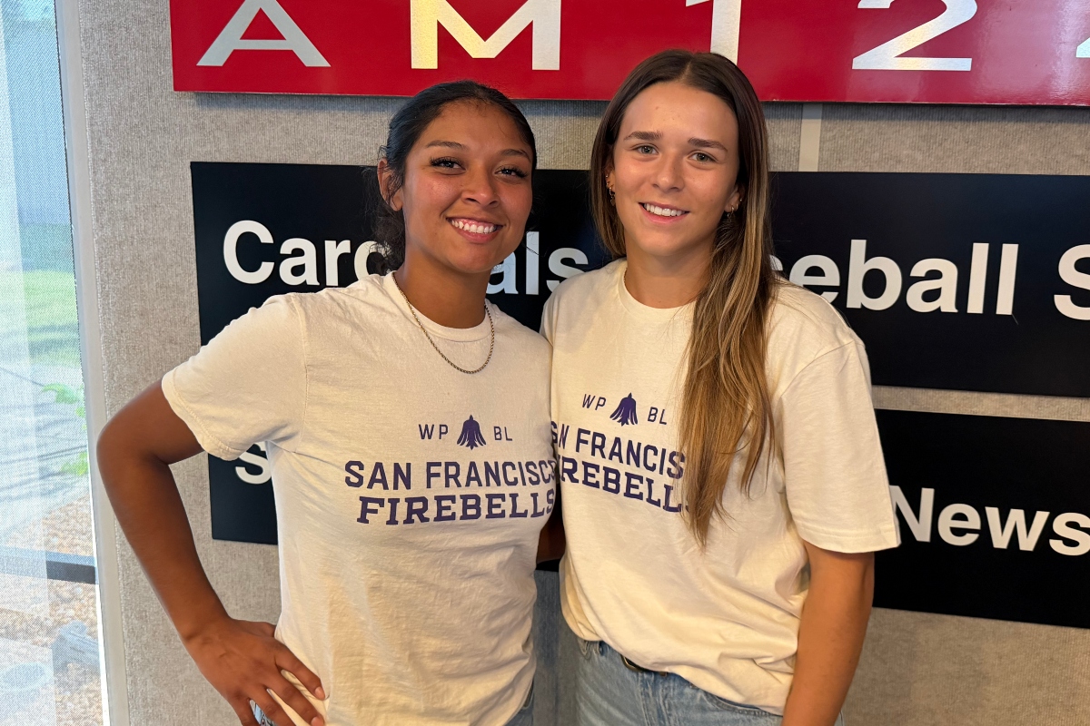 Samantha Gutierrez (left), and Ela Day Bedard, players on the Women's Professional Baseball League's San Francisco Firebells.