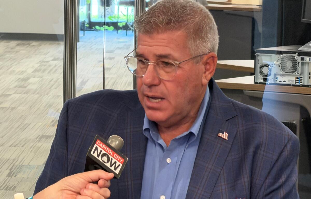 Republican Gubernatorial candidate Darren Bailey participates in an interview September 29, 2026 at the Capitol Media Group studios in Springfield.