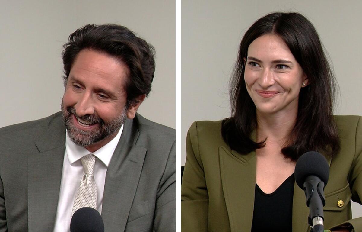 Republican Bryan Drew, left, and Democrat Margaret Croke, right, are pictured during separate interviews with Capitol News Illinois. (Capitol News Illinois photos by Andrew Campbell)