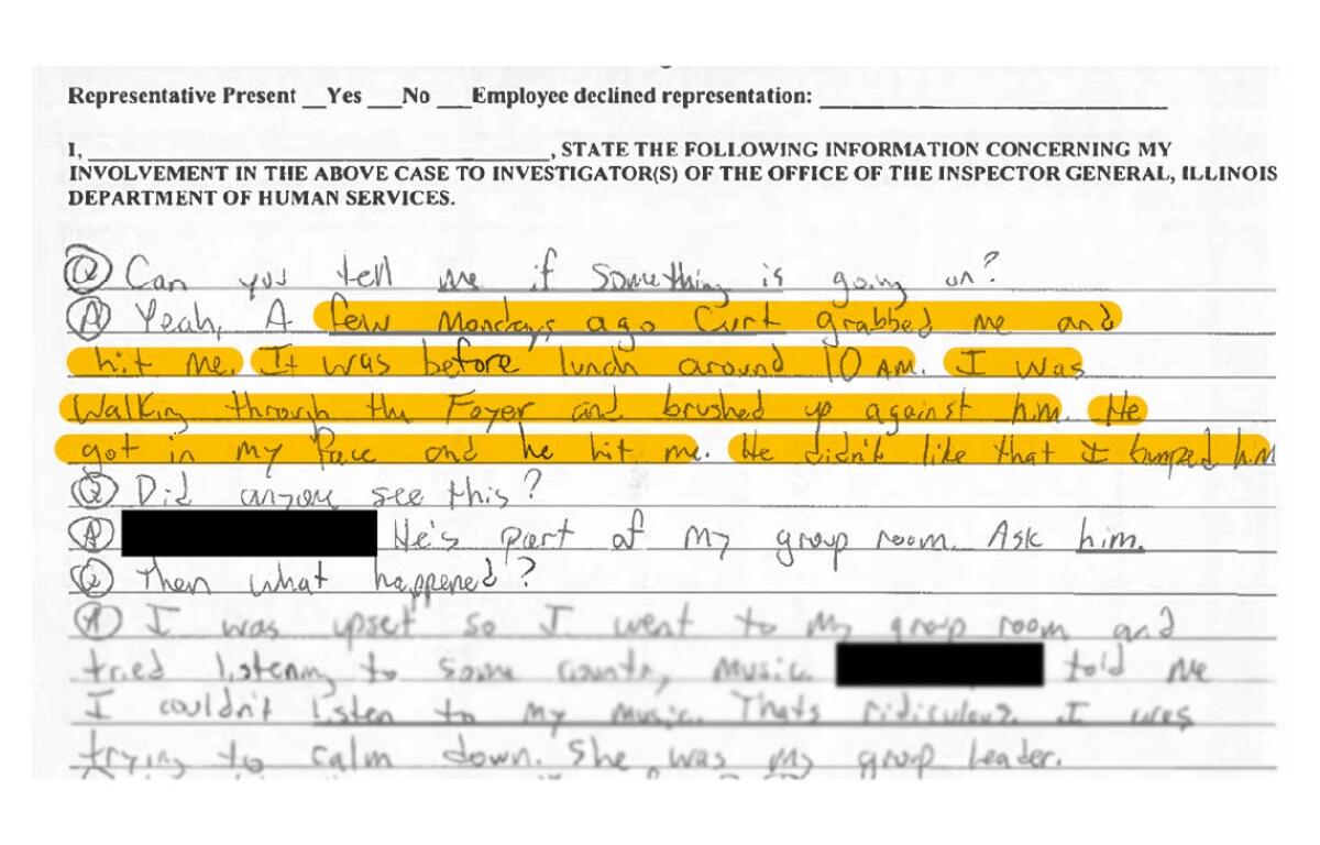 A police document shows a Choate Mental Health and Development patient’s statement regarding abuse by a facility employee. (Capitol News Illinois illustration. Highlight added to police documents)