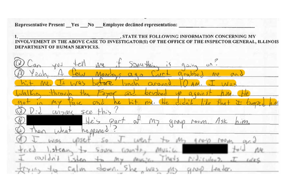 A police document shows a Choate Mental Health and Development patient’s statement regarding abuse by a facility employee. (Capitol News Illinois illustration. Highlight added to police documents)