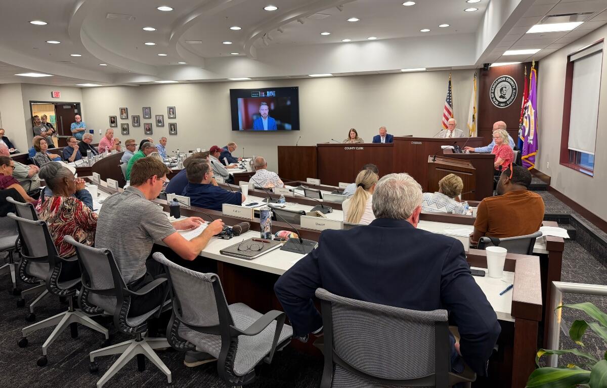 Members of the Sangamon County Board and county officials watch Tuesday, September 1 as consultant Bill Krueger speaks to them via Zoom.