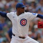 Chicago Cubs starting pitcher Edward Cabrera throws during the first inning of a baseball game against the St. Louis Cardinals, Sunday, Aug. 16, 2026, in Chicago. (AP Photo/Melissa Tamez)