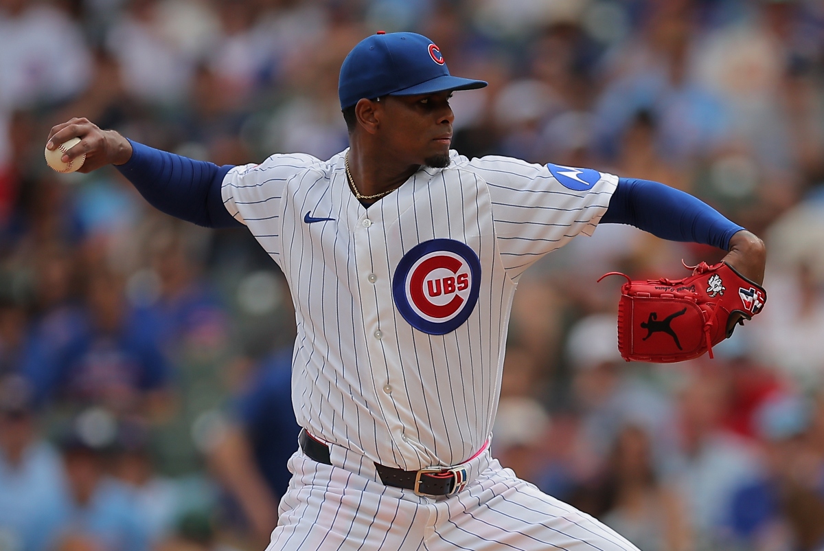 Chicago Cubs starting pitcher Edward Cabrera throws during the first inning of a baseball game against the St. Louis Cardinals, Sunday, Aug. 16, 2026, in Chicago. (AP Photo/Melissa Tamez)