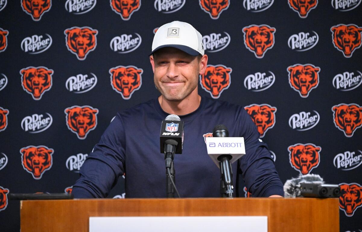 Chicago Bears head coach Ben Johnson talks to reporters following a preseason NFL football game against the Tennessee Titans, Saturday, Aug. 29, 2026, in Nashville, Tenn. (AP Photo/John Amis)