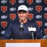 Chicago Bears head coach Ben Johnson talks to reporters following a preseason NFL football game against the Tennessee Titans, Saturday, Aug. 29, 2026, in Nashville, Tenn. (AP Photo/John Amis)