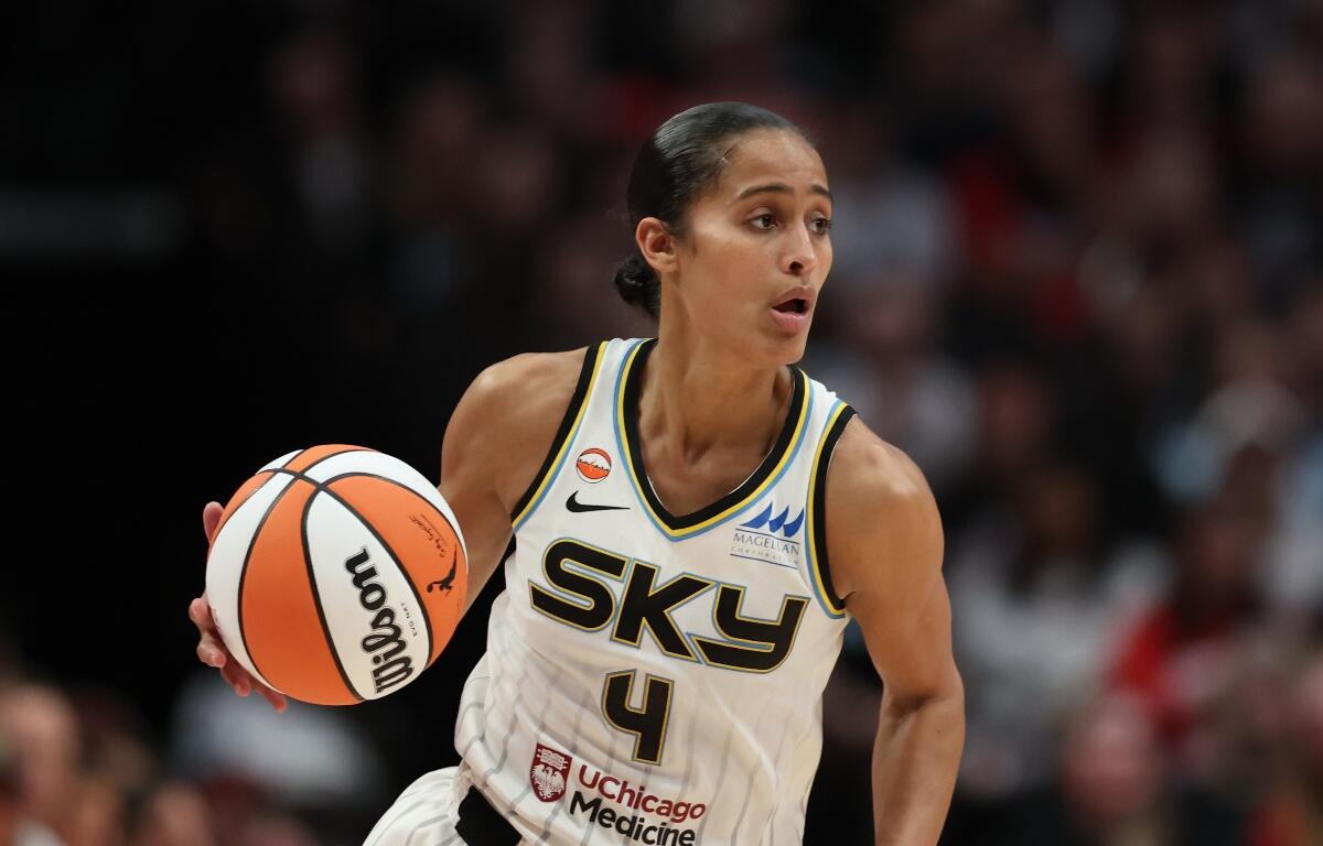 FILE - Chicago Sky guard Skylar Diggins plays during a WNBA basketball game against the Portland Fire in Portland, Ore., May 9, 2026. (AP Photo/Amanda Loman, File)