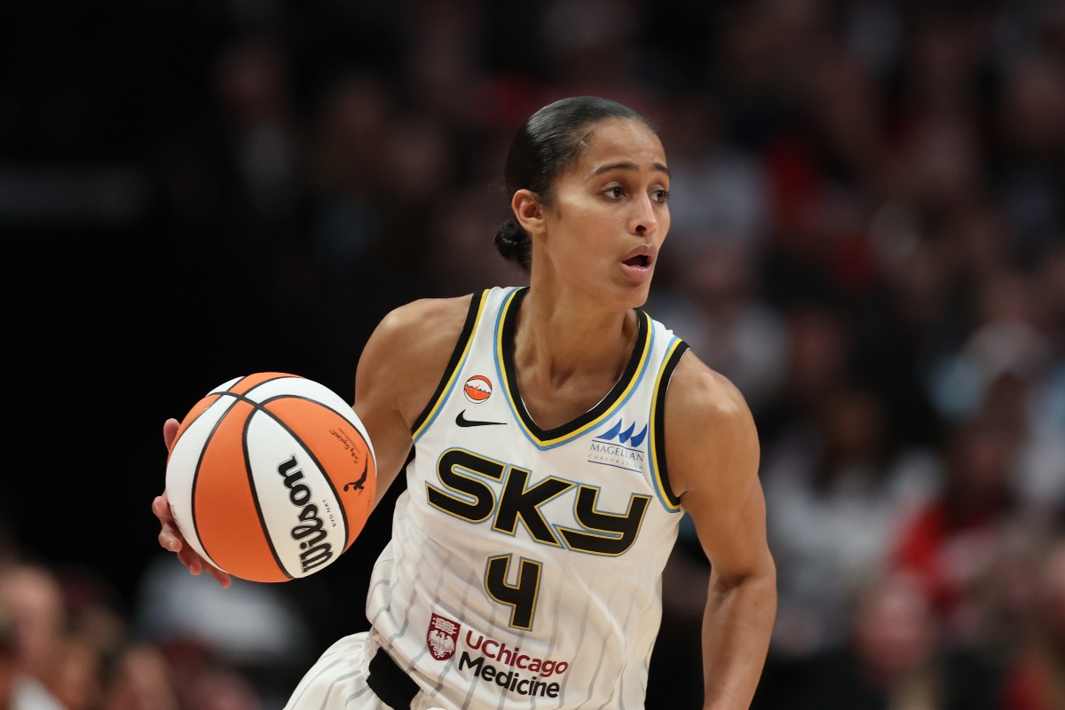 FILE - Chicago Sky guard Skylar Diggins plays during a WNBA basketball game against the Portland Fire in Portland, Ore., May 9, 2026. (AP Photo/Amanda Loman, File)