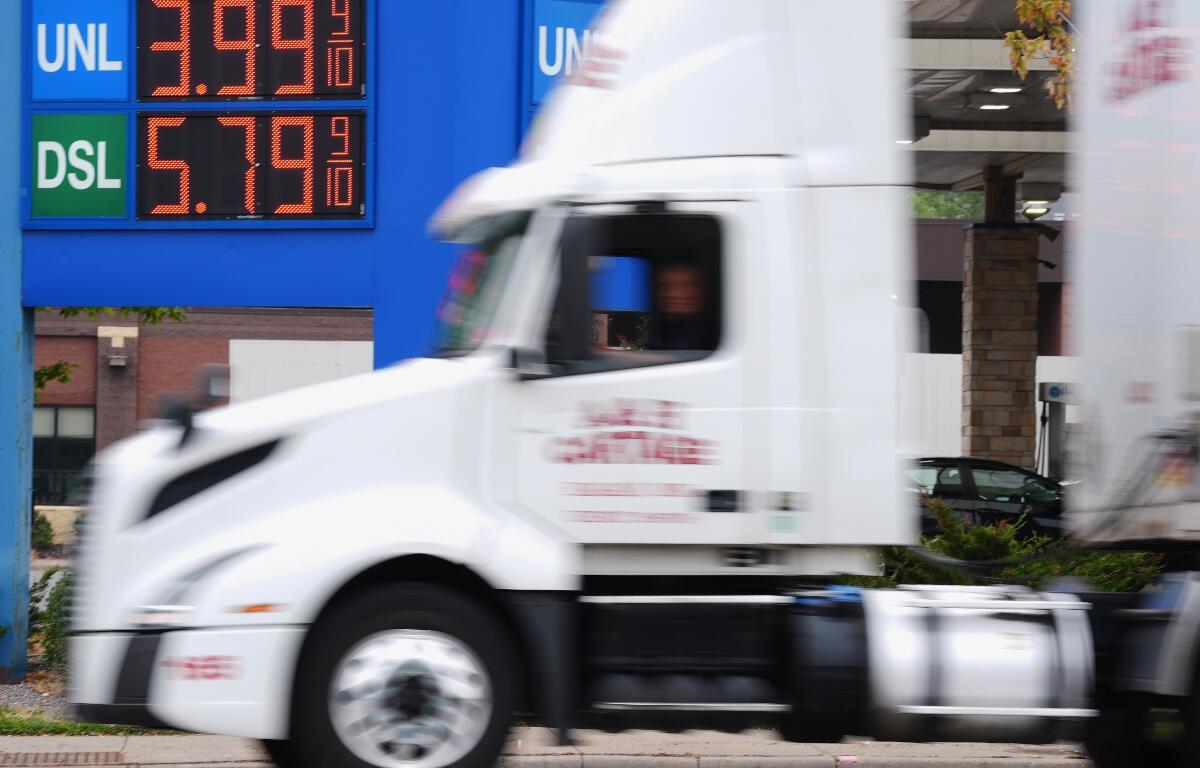FILE - Diesel prices are displayed at a gas station as prices hit a record high in the U.S., Friday, Sept. 4, 2026 in Minneapolis. (AP Photo/Ellen Schmidt, File)