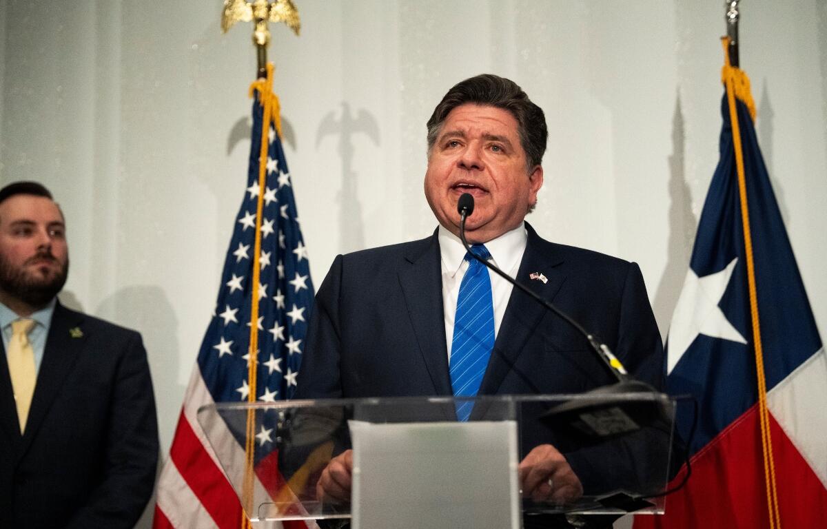 Illinois Gov. JB Pritzker speaks at a Texas Democratic Party press conference ahead of the Republican National Convention, Wednesday, Sept. 9, 2026, in Dallas. (AP Photo/Gabriela Passos)