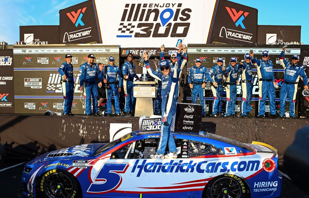 Kyle Larson celebrates after winning a NASCAR Cup Series auto race Sunday, Sept. 13, 2026, in Madison, Ill. (AP Photo/Connor Hamilton)