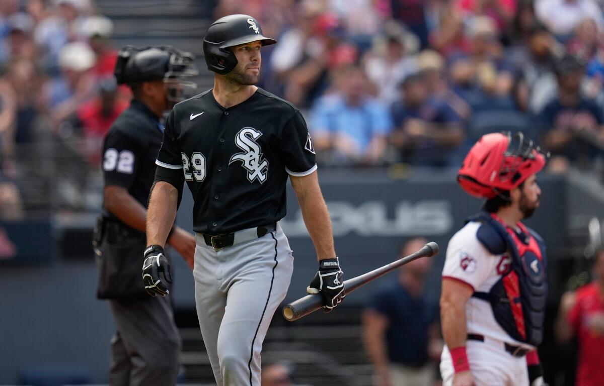 Chicago White Sox's Tristan Peters walks back to the dugout after striking out in the ninth inning of a baseball game against the Cleveland Guardians in Cleveland, Wednesday, Sept. 16, 2026. (AP Photo/Sue Ogrocki)