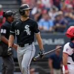 Chicago White Sox's Tristan Peters walks back to the dugout after striking out in the ninth inning of a baseball game against the Cleveland Guardians in Cleveland, Wednesday, Sept. 16, 2026. (AP Photo/Sue Ogrocki)