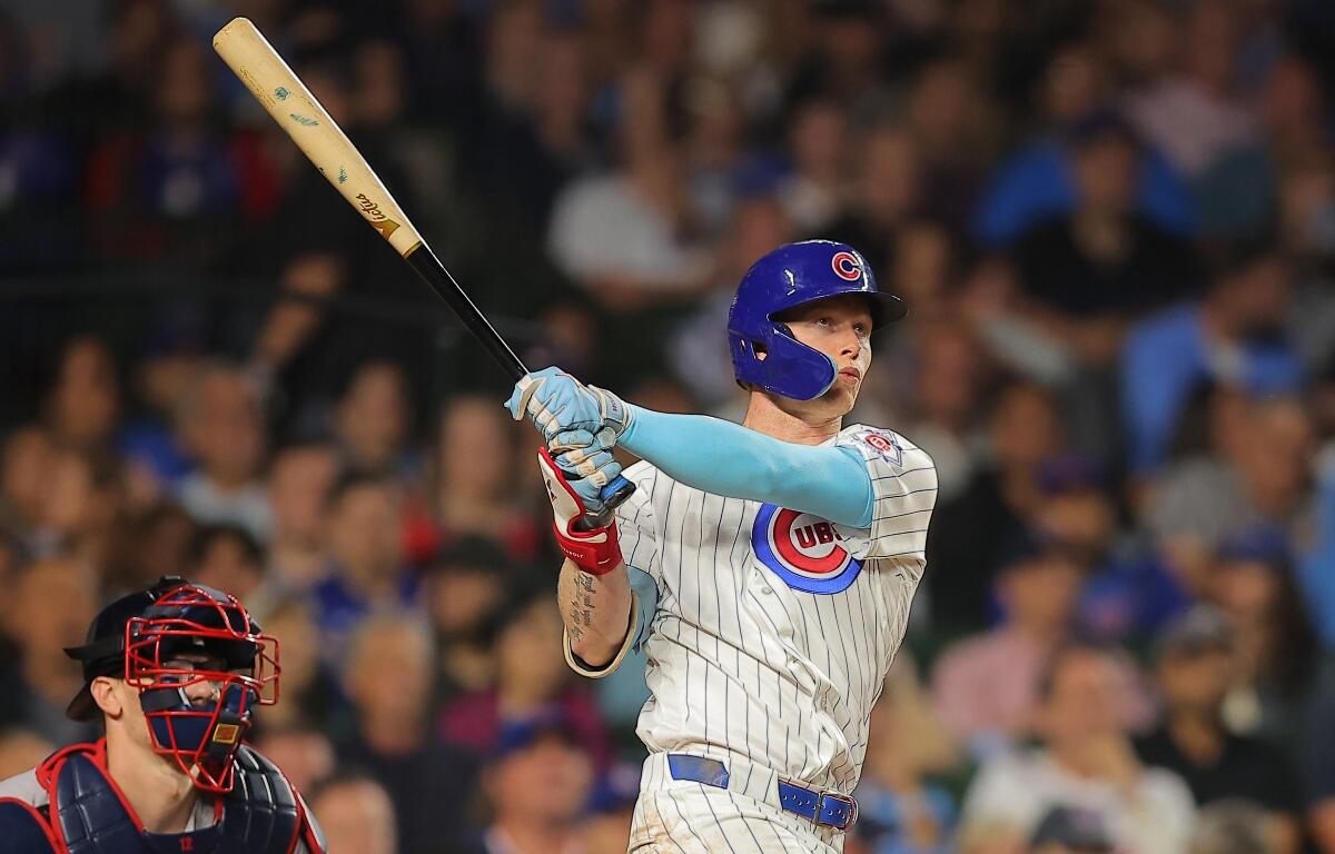 Chicago Cubs' Pete Crow-Armstrong watches the ball during the fifth inning of a baseball game against the Atlanta Braves, Wednesday, Sept. 16, 2026, in Chicago. (AP Photo/Melissa Tamez)