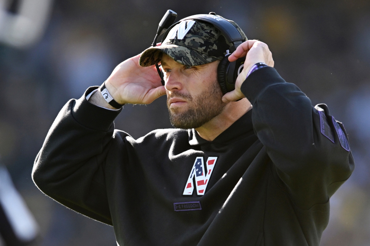 FILE - Northwestern head coach David Braun looks on during the third quarter of an NCAA college football game against Michigan, Nov. 15, 2025, in Chicago. (AP Photo/Paul Beaty, File)