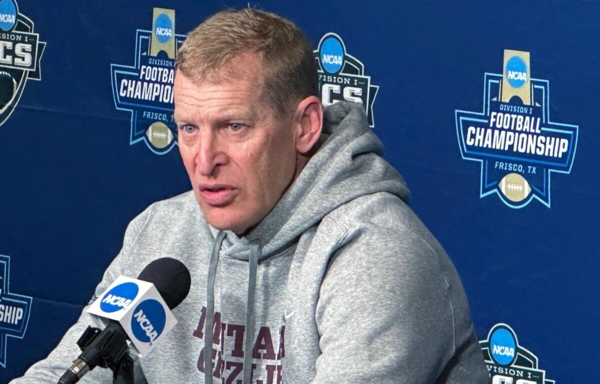 FILE - Montana coach Bobby Hauck talks about the team's NCAA Football Championship Subdivision title game against top-rated South Dakota State in Frisco, Texas, Jan. 5, 2024. (AP Photo/Stephen Hawkins, File)