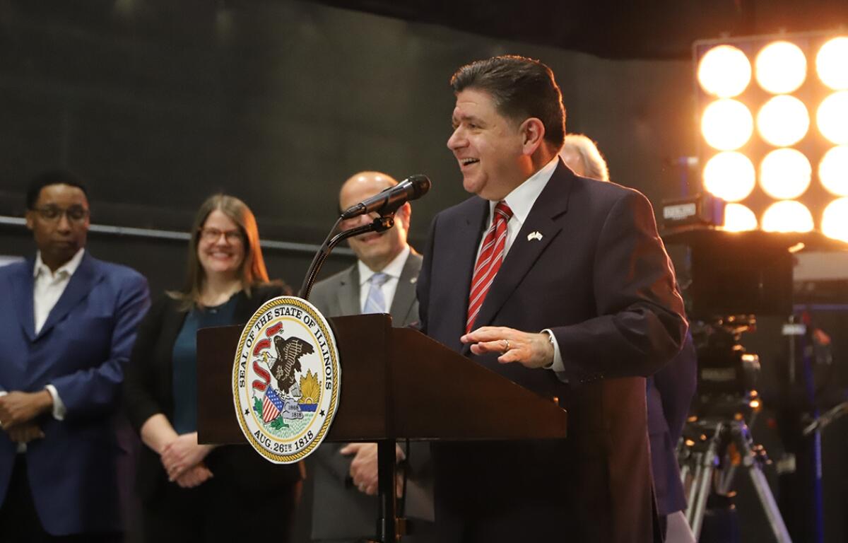 Gov. JB Pritzker announced in March an expansion of the state’s film tax credit at a news conference at the Cinespace Studio on Chicago’s West Side. (Credit: Casey Toner/Illinois Answers Project)