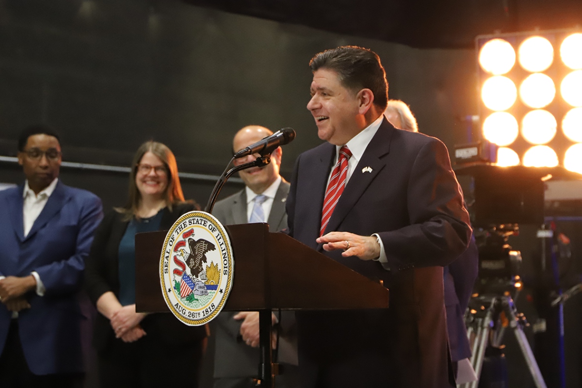 Gov. JB Pritzker announced in March an expansion of the state’s film tax credit at a news conference at the Cinespace Studio on Chicago’s West Side. (Credit: Casey Toner/Illinois Answers Project)