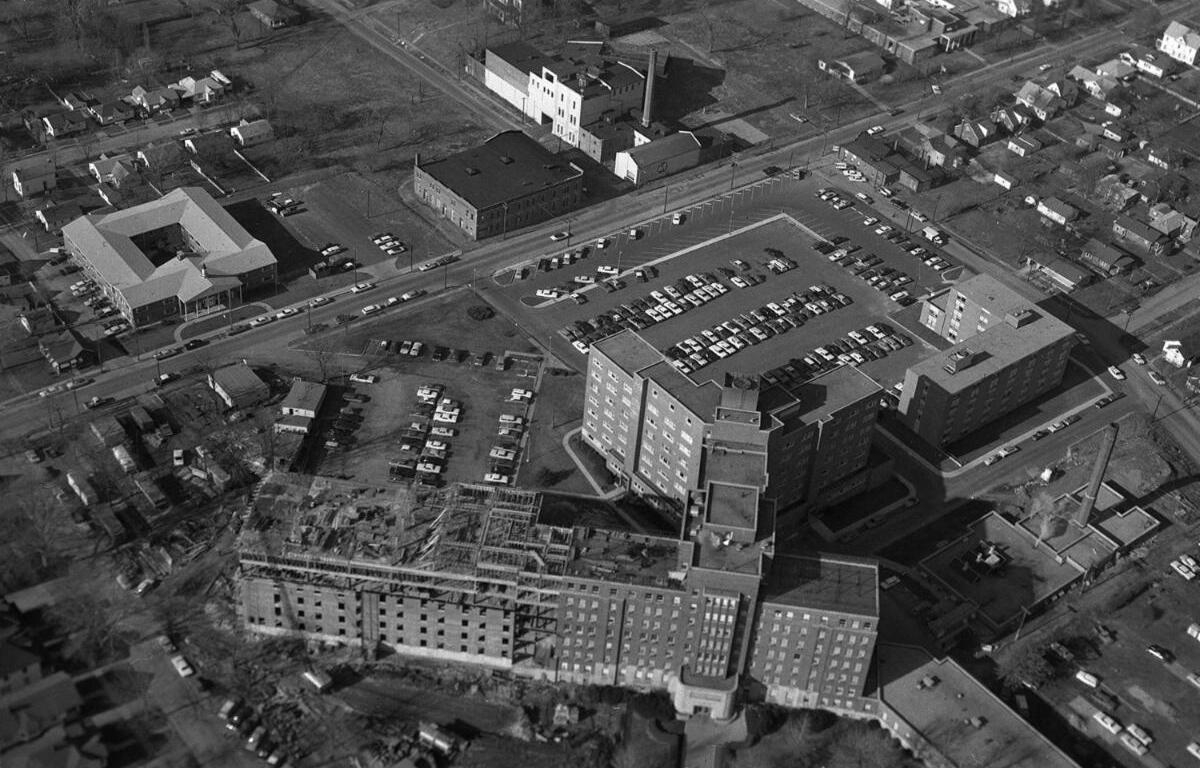 Memorial Medical Center with the former Reisch Brewery.