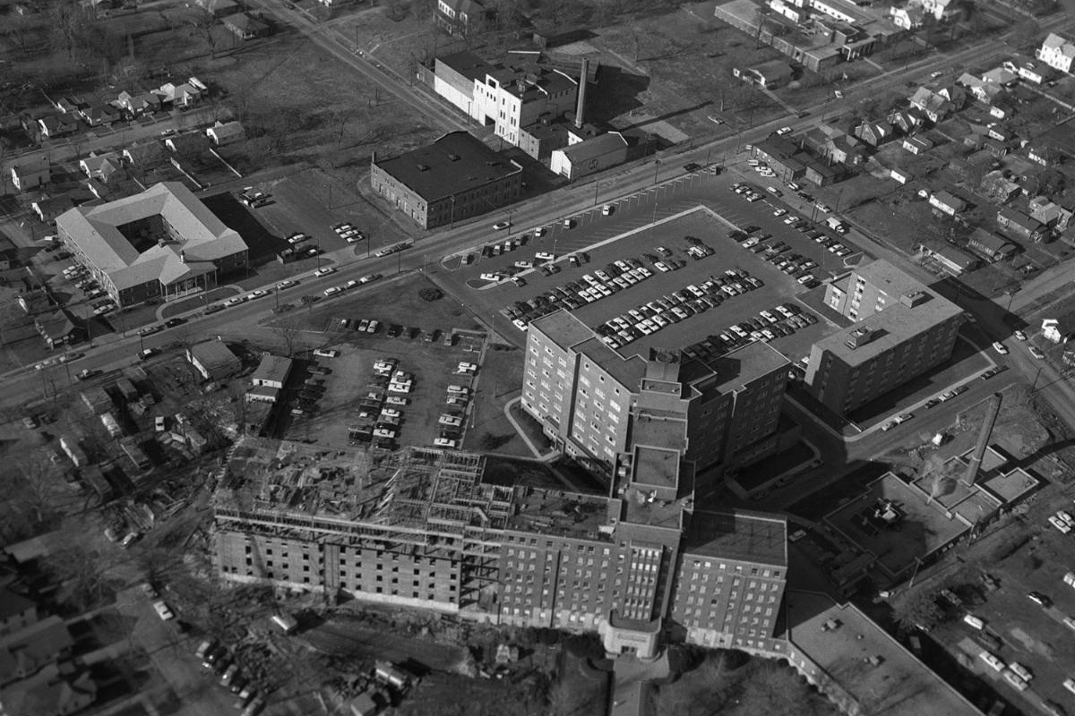 Memorial Medical Center with the former Reisch Brewery.