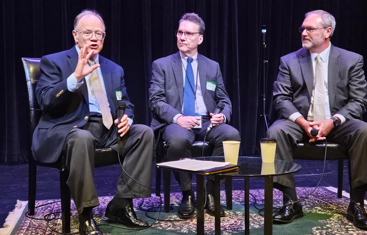 Kent Redfield, left, a political science professor at the University of Illinois Springfield, moderates a discussion about election security and integrity Friday, Sept. 25, with Illinois State Board of Elections spokesman Matt Dietrich, center, and Sangamon County Clerk Don Gray. (Capitol News Illinois photo by Peter Hancock)